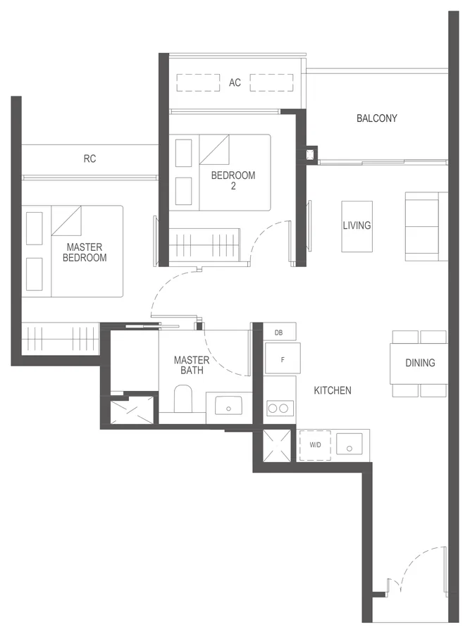 Penrith floor plan, type (2)a: 2-Bedroom, 614 sq ft