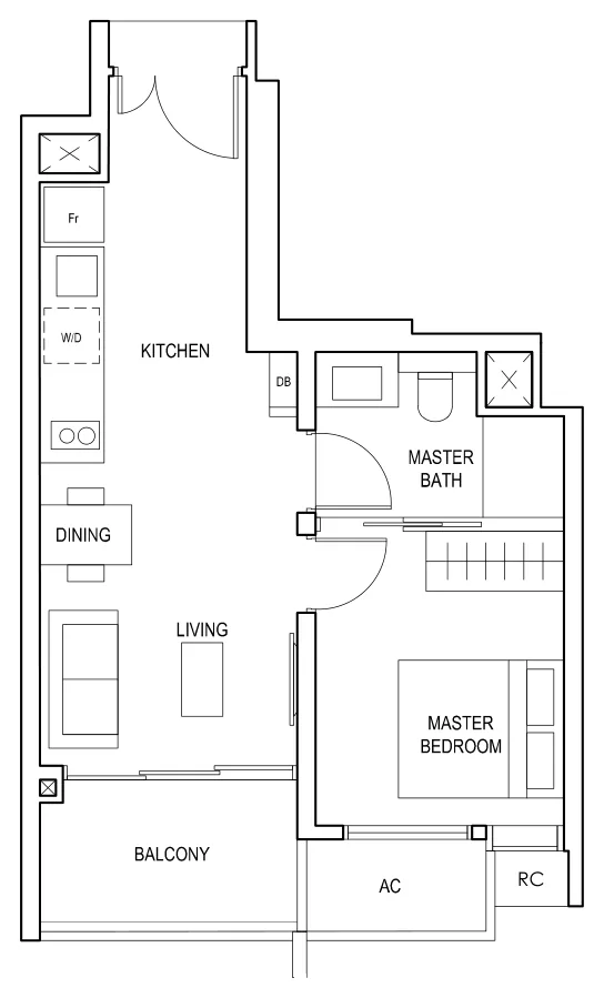 Penrose floor plan, type (1)b: 1-Bedroom, 474 sq ft