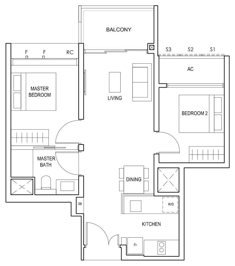 Penrose floor plan, type (2)a [01, 10]: 2-Bedroom, 646 sq ft