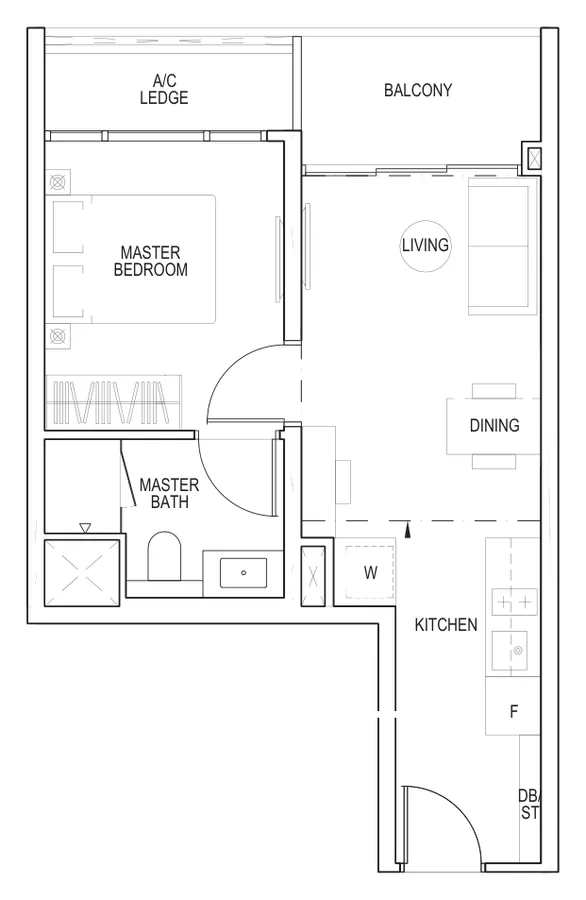 Piccadilly Grand floor plan, type A1: 1-Bedroom, 484 sq ft