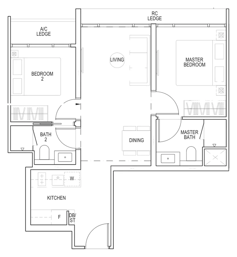 Piccadilly Grand floor plan, type B1: 2-Bedroom, 646 sq ft