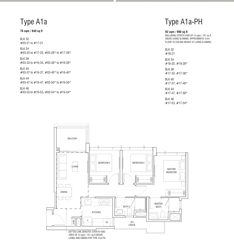 Piermont Grand floor plan, type A1a: 3-Bedroom, 840 sq ft