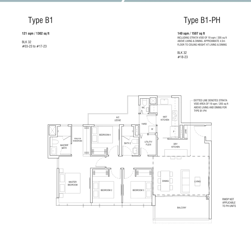 Piermont Grand floor plan, type B1: 4-Bedroom, 1,302 sq ft