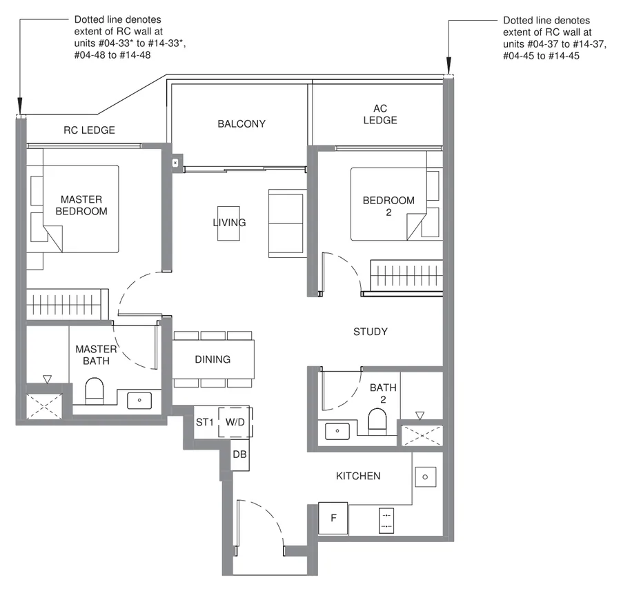 Pinery Residences floor plan, type B4: 2-Bedroom Premium + Study, 700 sq ft