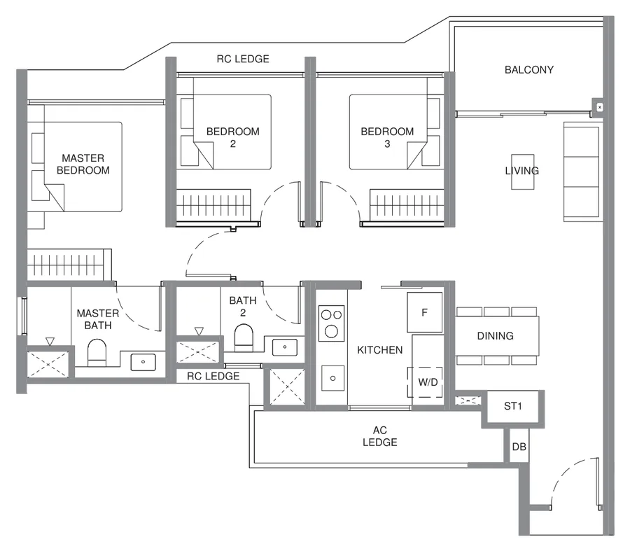 Pinery Residences floor plan, type C2: 3-Bedroom Deluxe, 861 sq ft