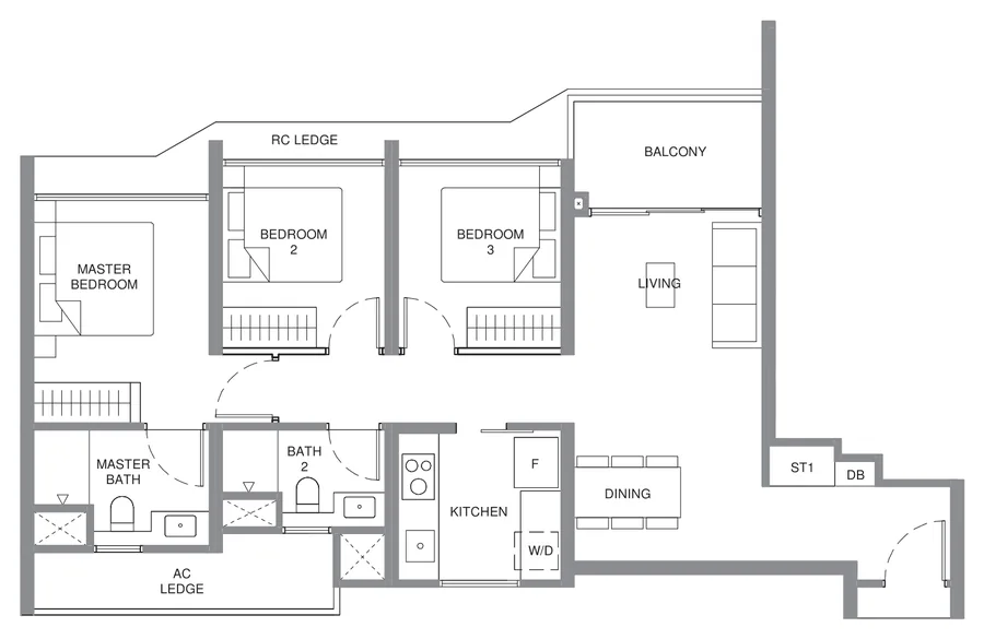 Pinery Residences floor plan, type C3: 3-Bedroom Deluxe, 872 sq ft