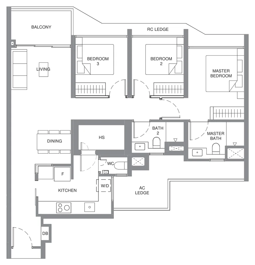 Pinery Residences floor plan, type C4: 3-Bedroom Premium, 990 sq ft