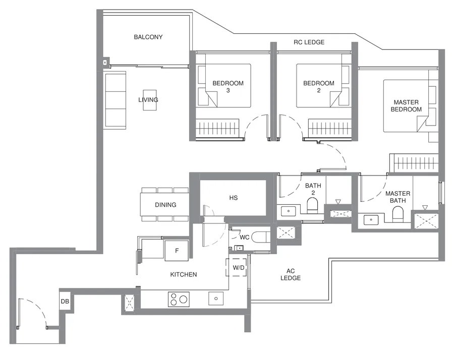 Pinery Residences floor plan, type C6: 3-Bedroom Premium, 1,023 sq ft