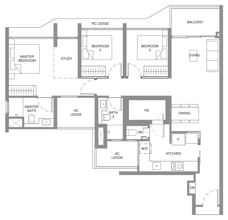 Pinery Residences floor plan, type C7: 3-Bedroom Premium + Study, 1,055 sq ft