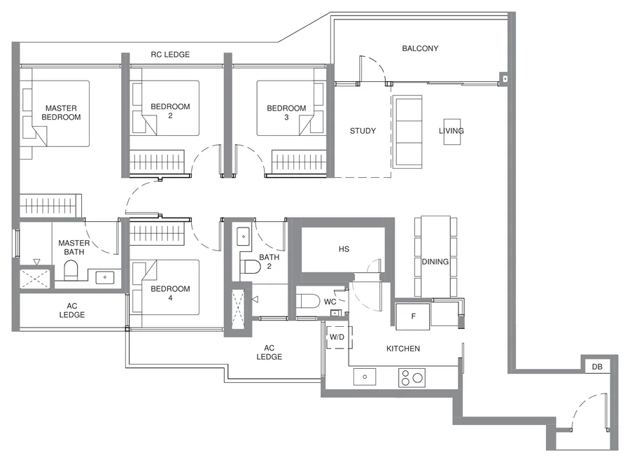 Pinery Residences floor plan, type D4: 4-Bedroom Premium + Study, 1,238 sq ft
