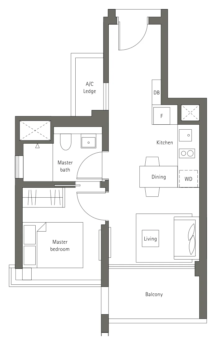 Principal Garden floor plan, type A1: 1-Bedroom, 506 sq ft