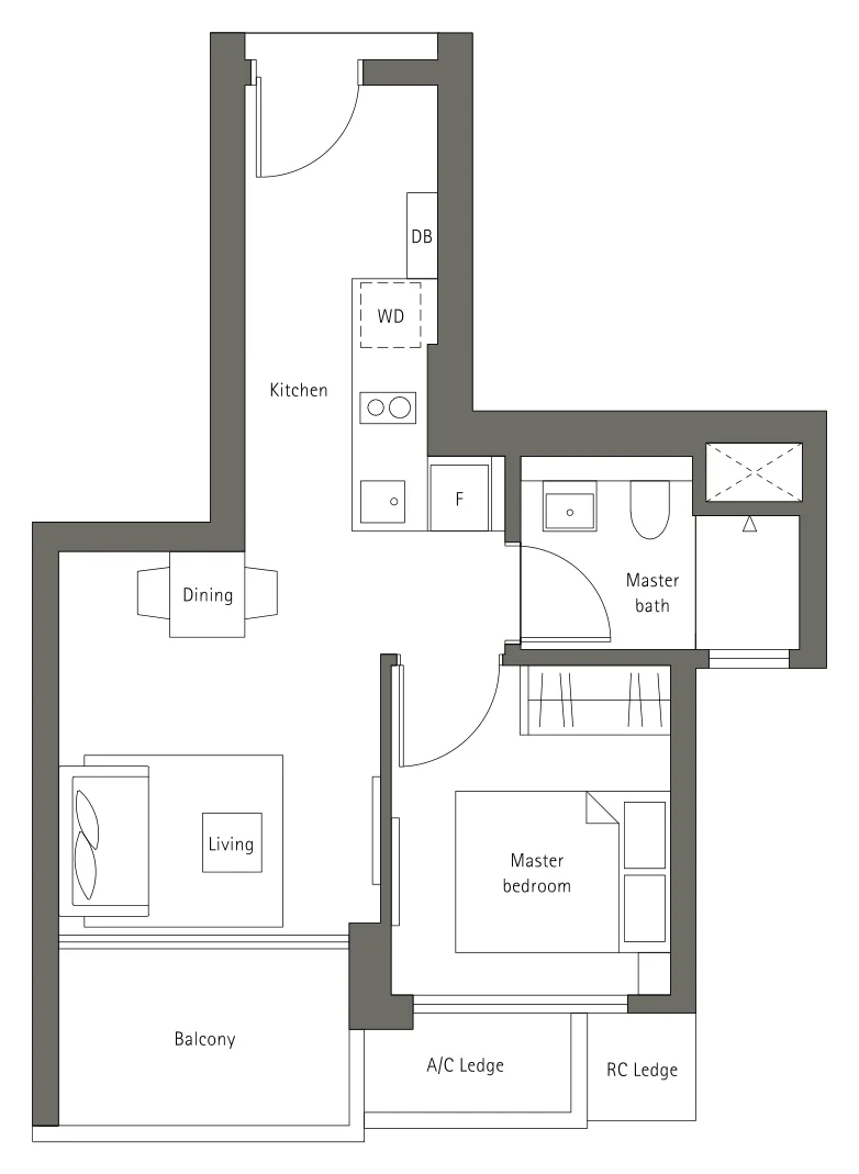 Principal Garden floor plan, type A2a: 1-Bedroom, 495 sq ft
