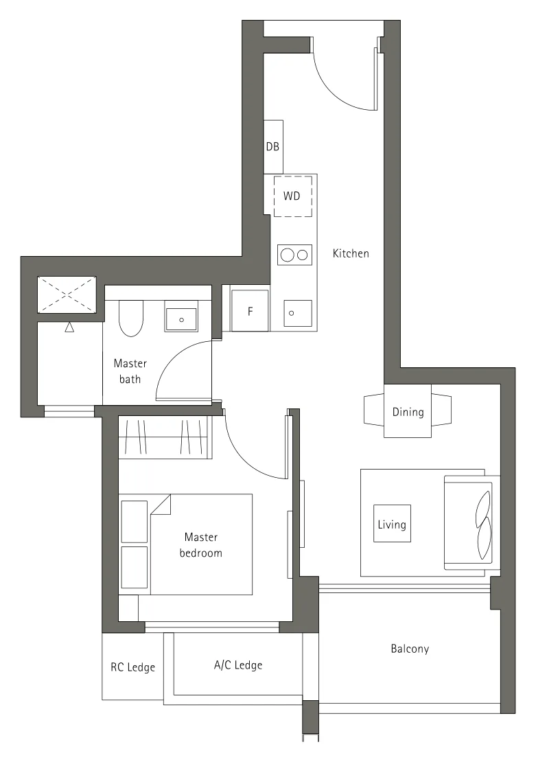 Principal Garden floor plan, type A2b: 1-Bedroom, 484 sq ft