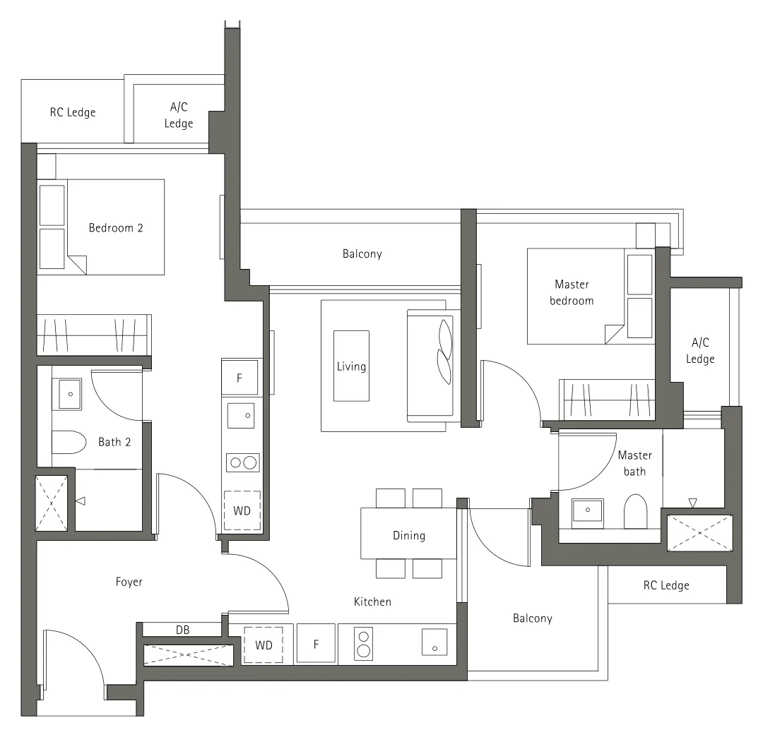 Principal Garden floor plan, type B-DK: 2-Bedroom Dual-Key, 861 sq ft