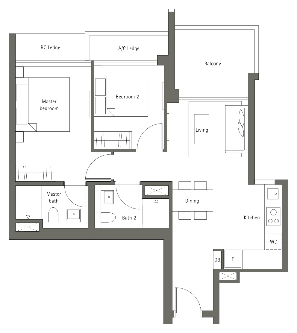 Principal Garden floor plan, type B1: 2-Bedroom, 807 sq ft