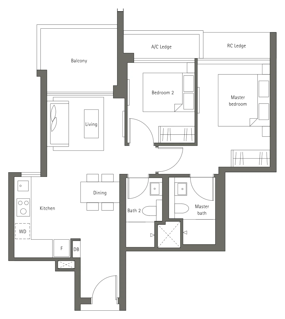 Principal Garden floor plan, type B2: 2-Bedroom, 797 sq ft