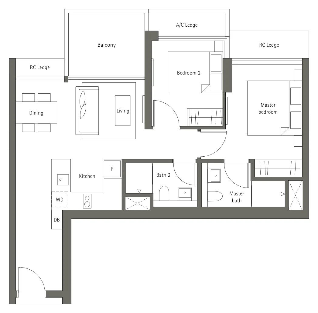 Principal Garden floor plan, type B4: 2-Bedroom, 807 sq ft