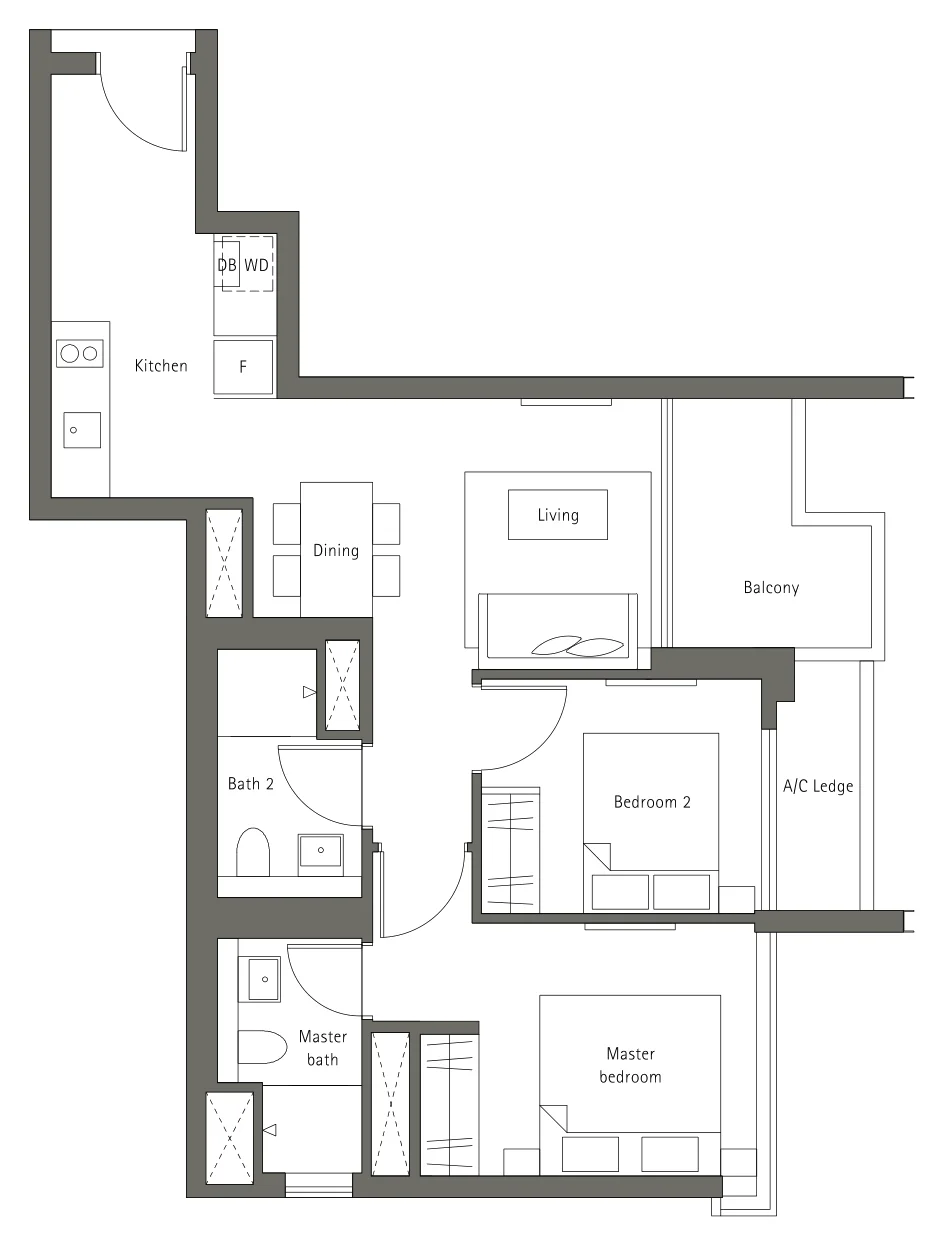 Principal Garden floor plan, type B6: 2-Bedroom, 764 sq ft