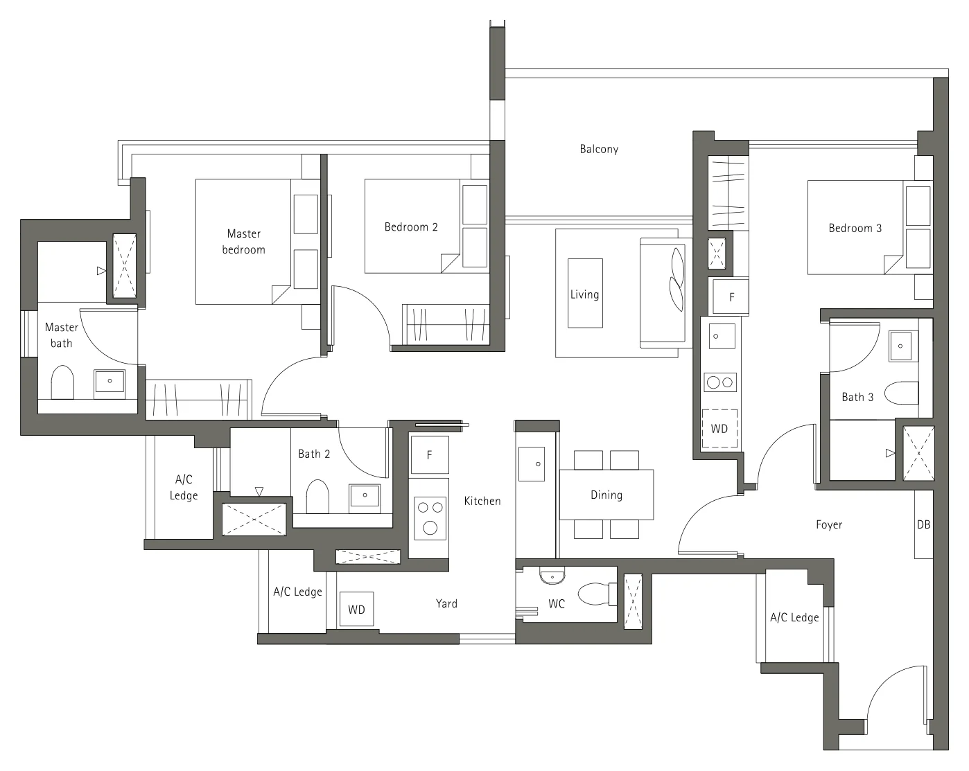 Principal Garden floor plan, type C-DK: 3-Bedroom Dual-Key, 1,195 sq ft
