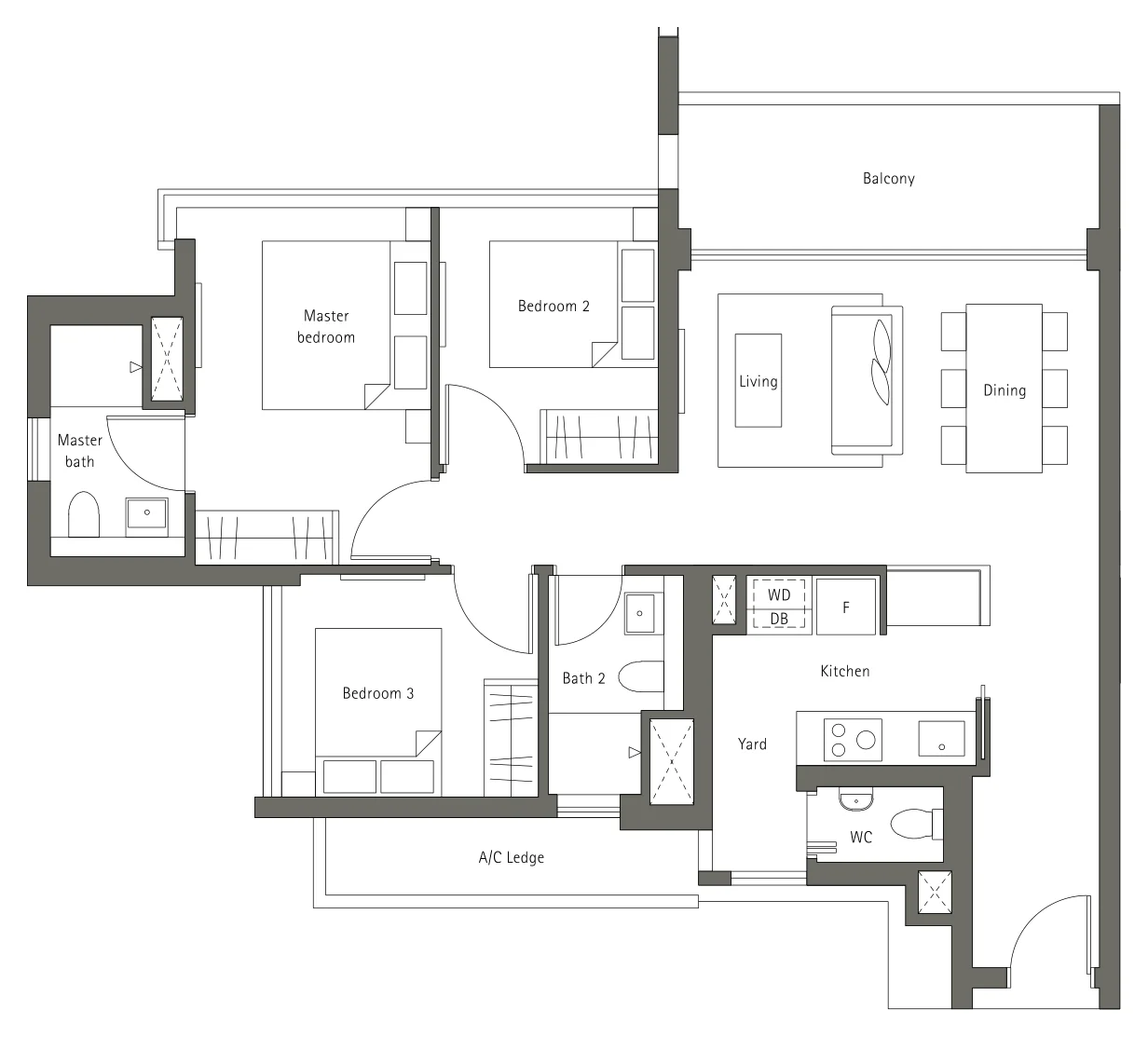 Principal Garden floor plan, type C1: 3-Bedroom, 1,076 sq ft
