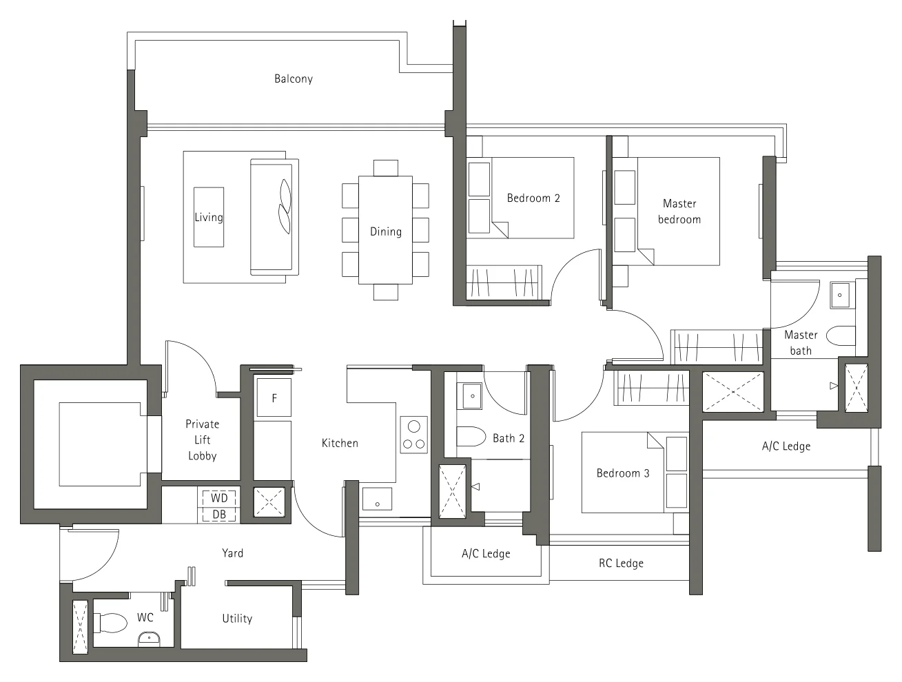 Principal Garden floor plan, type D: 3-Bedroom Deluxe + Private Lift Lobby, 1,238 sq ft