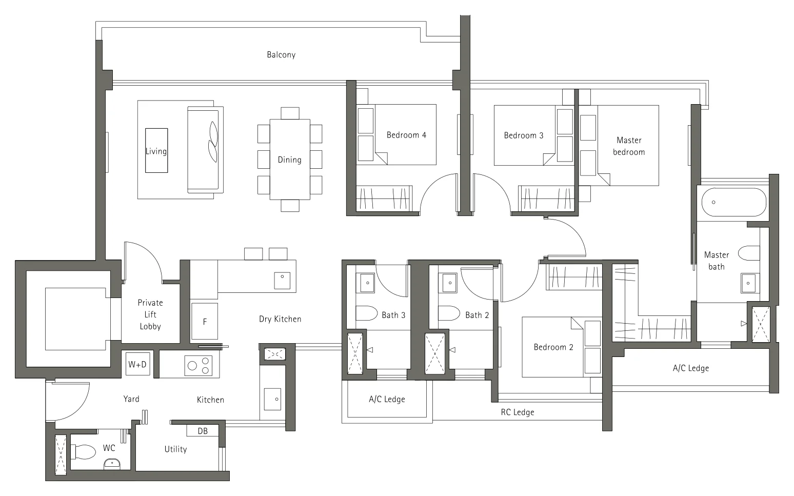 Principal Garden floor plan, type E: 4-Bedroom + Private Lift Lobby, 1,572 sq ft