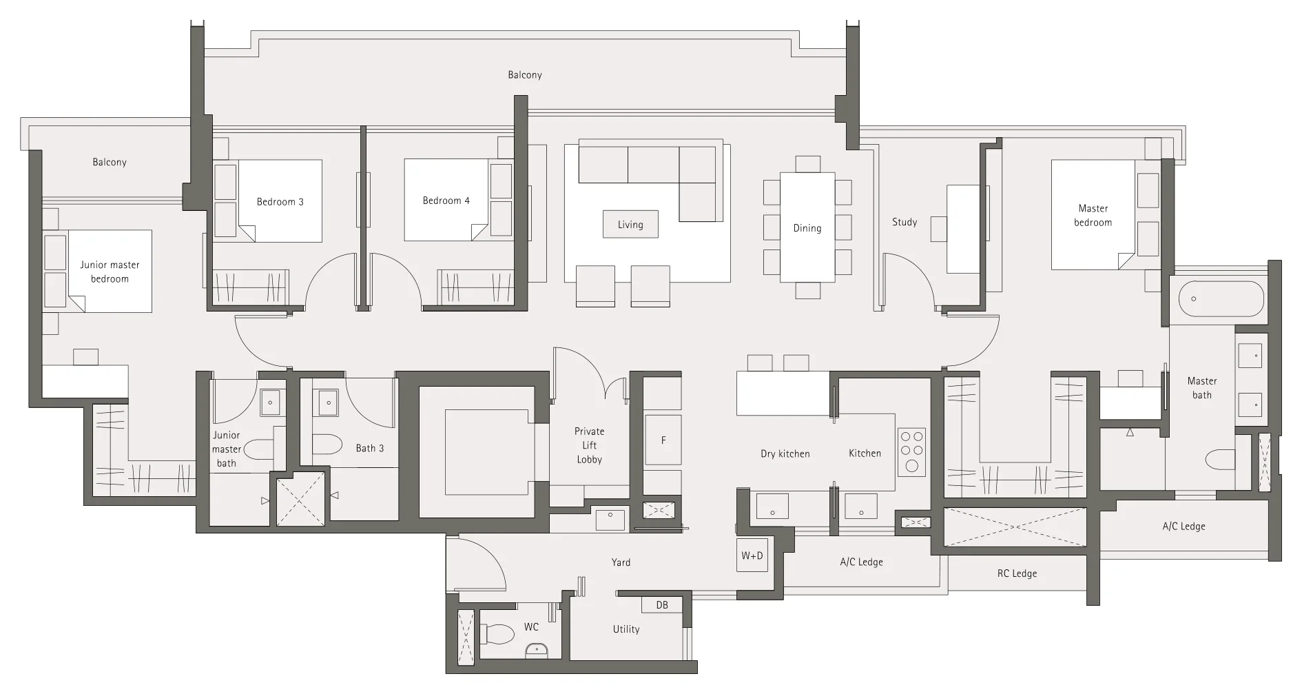 Principal Garden floor plan, type PC2: 4-Bedroom + Study + Private Lift Lobby (Principal Collection), 2,002 sq ft