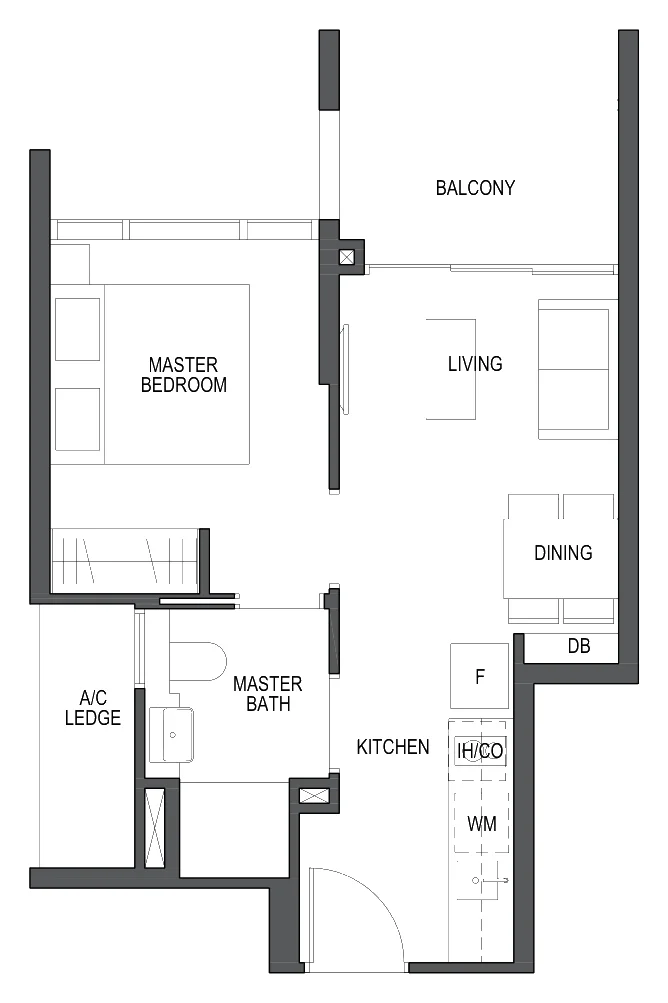 Pullman Residences floor plan, type A1: 1-Bedroom, 463 sq ft