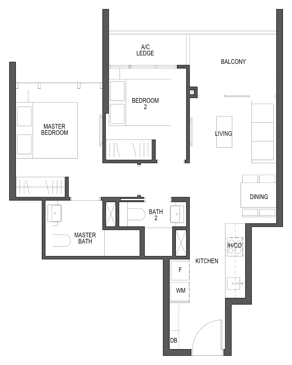 Pullman Residences floor plan, type B1: 2-Bedroom, 667 sq ft