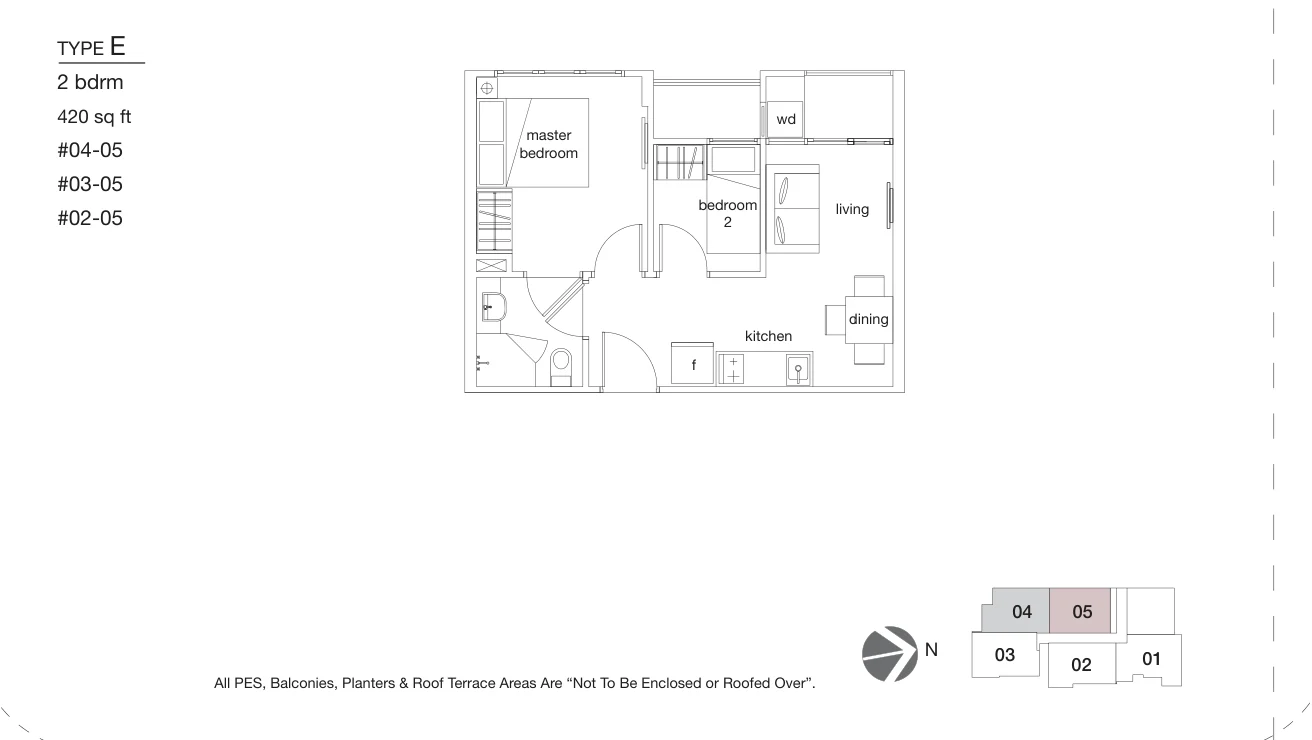 Qube Suites floor plan, type E: 2-Bedroom, 420 sq ft