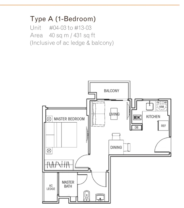 Questa @ Dunman floor plan, type A: 1-Bedroom, 431 sq ft
