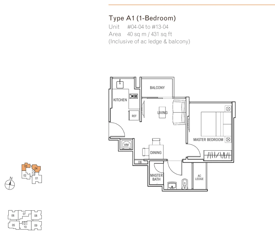 Questa @ Dunman floor plan, type A1: 1-Bedroom, 431 sq ft