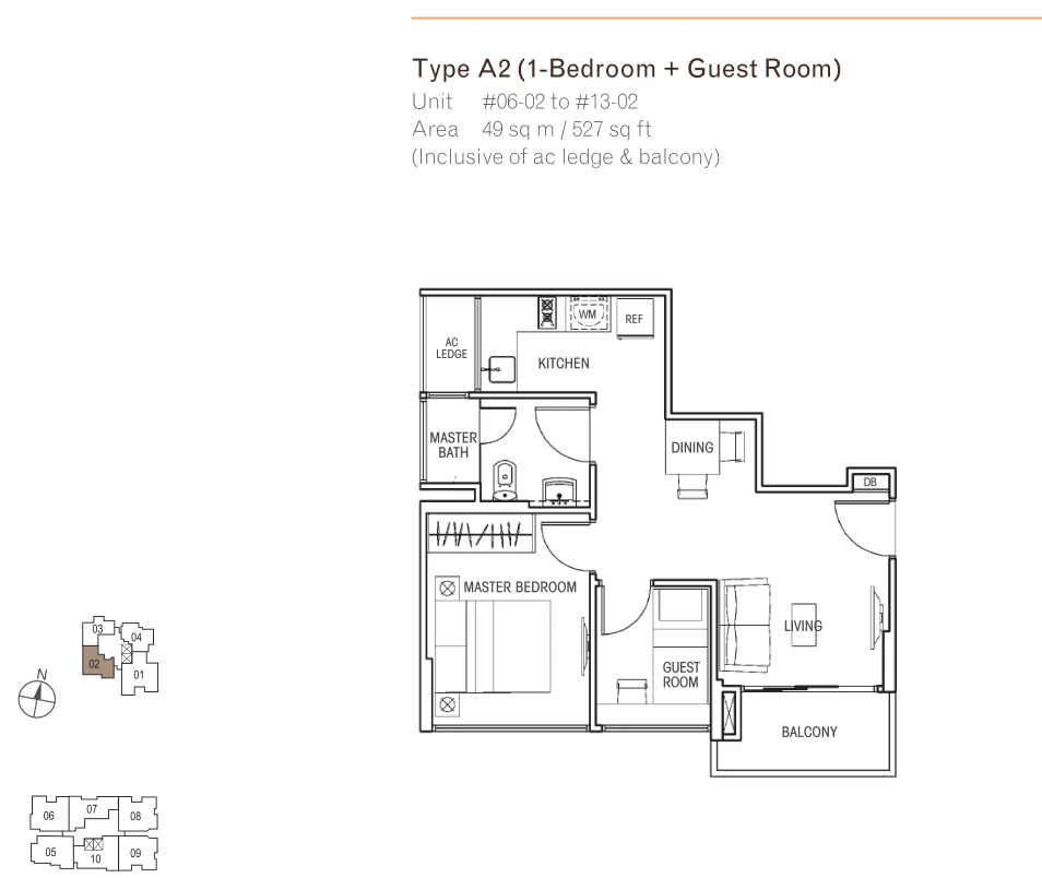 Questa @ Dunman floor plan, type A2: 1-Bedroom + Guest Room, 527 sq ft