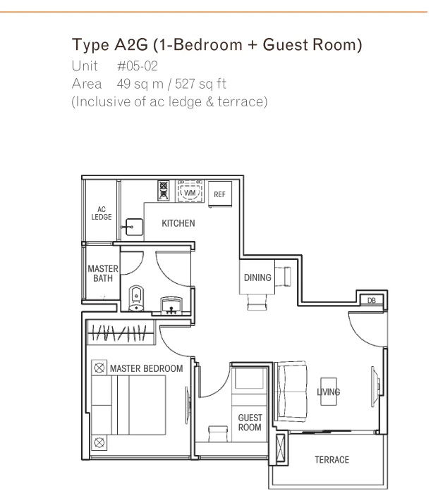 Questa @ Dunman floor plan, type A2G: 1-Bedroom + Guest Room, 527 sq ft