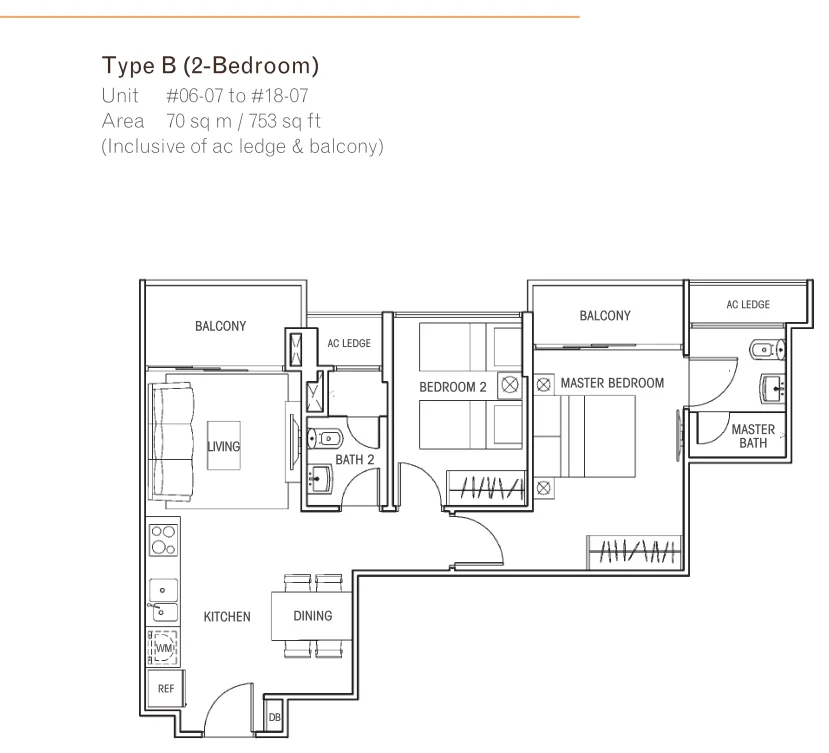 Questa @ Dunman floor plan, type B: 2-Bedroom, 753 sq ft