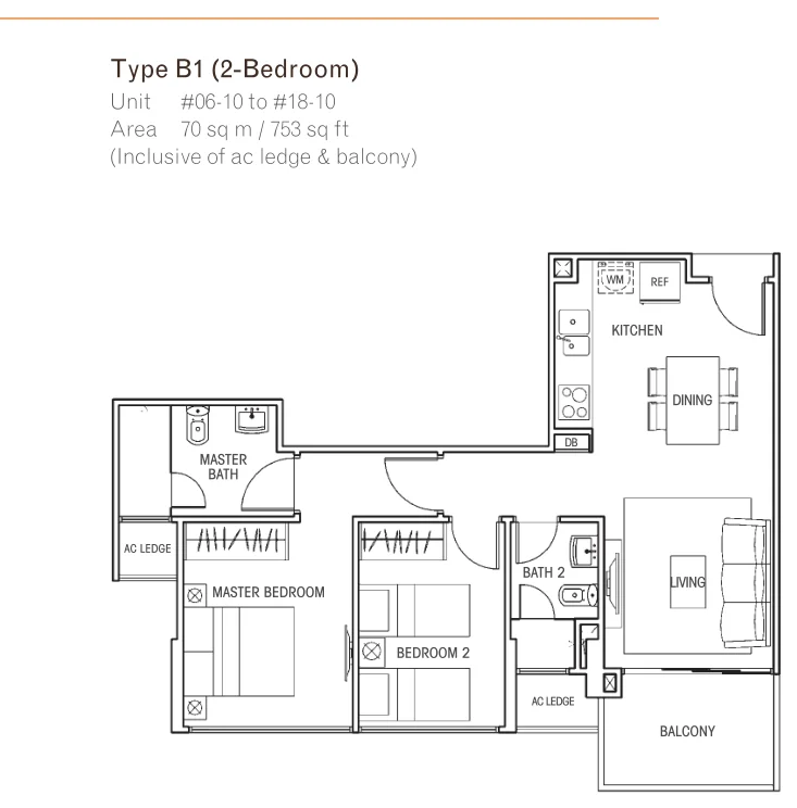 Questa @ Dunman floor plan, type B1: 2-Bedroom, 753 sq ft
