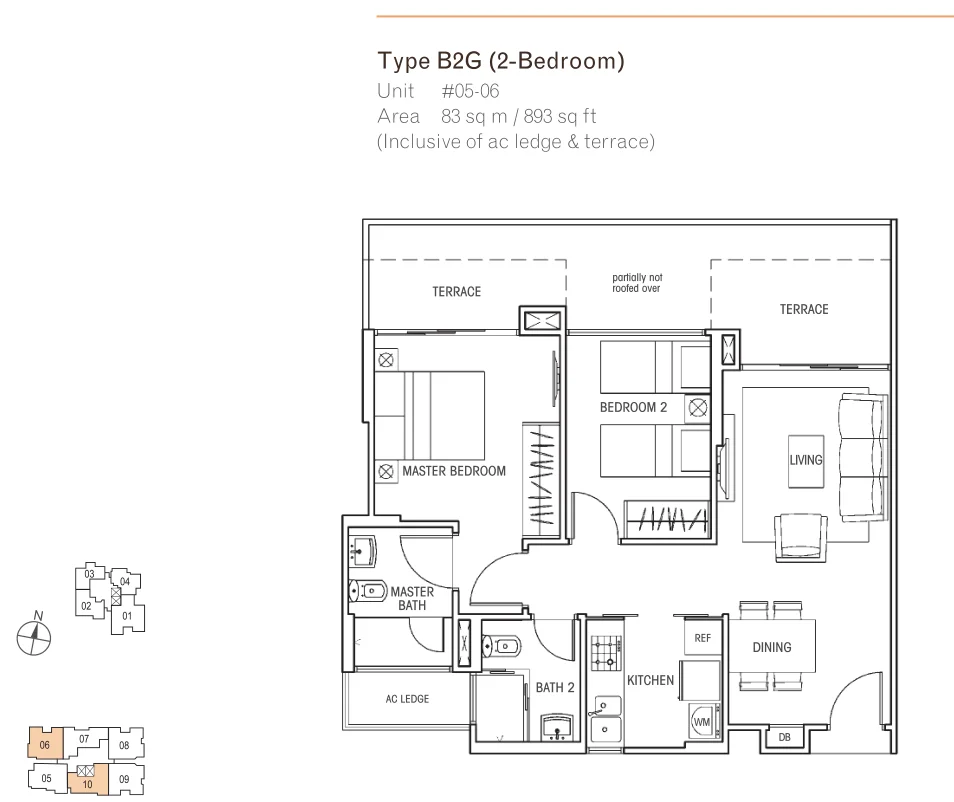 Questa @ Dunman floor plan, type B2G: 2-Bedroom, 893 sq ft
