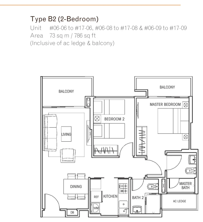Questa @ Dunman floor plan, type B2: 2-Bedroom, 786 sq ft