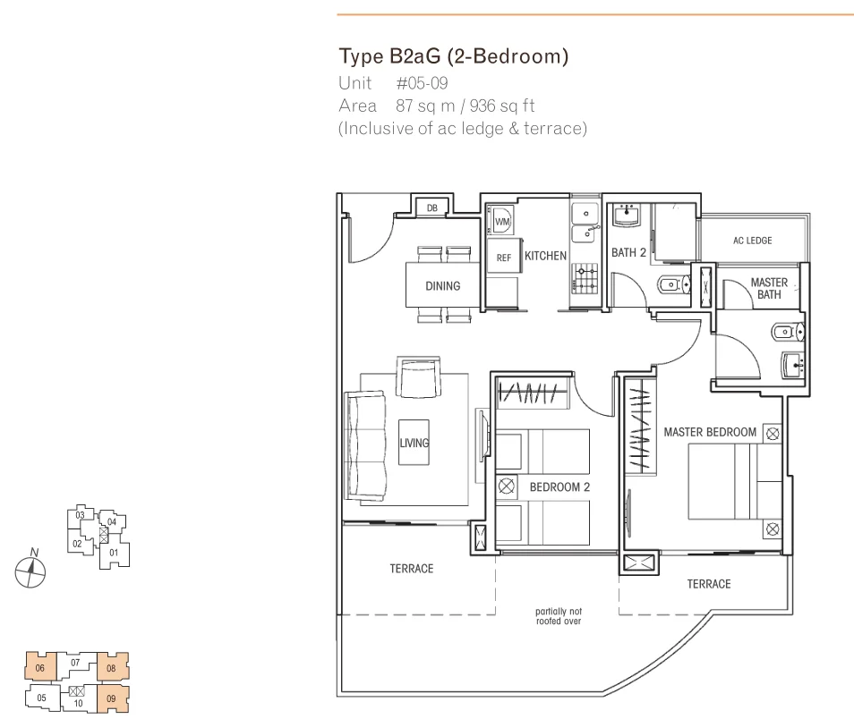Questa @ Dunman floor plan, type B2aG: 2-Bedroom, 936 sq ft