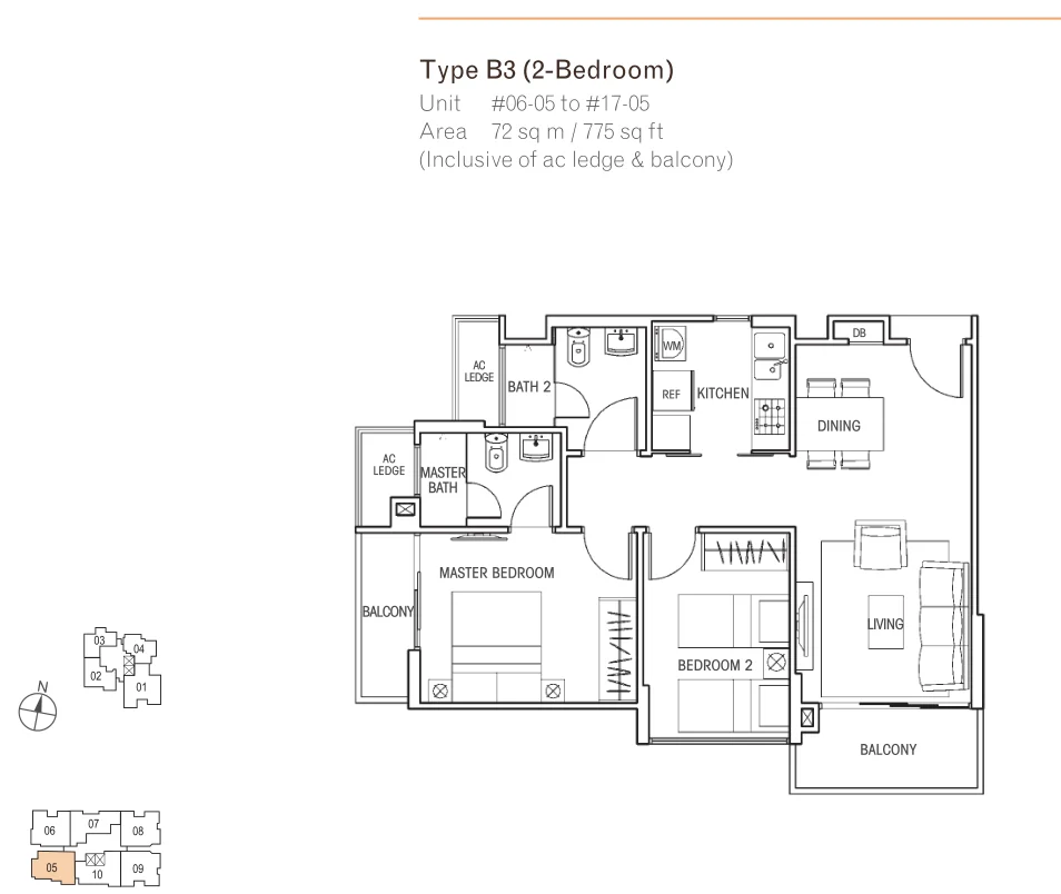 Questa @ Dunman floor plan, type B3: 2-Bedroom, 775 sq ft