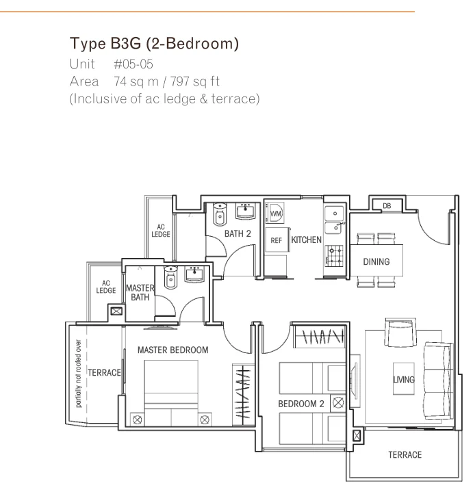 Questa @ Dunman floor plan, type B3G: 2-Bedroom, 797 sq ft