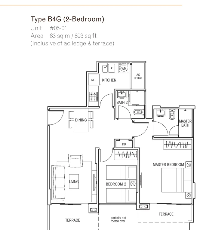 Questa @ Dunman floor plan, type B4G: 2-Bedroom, 893 sq ft