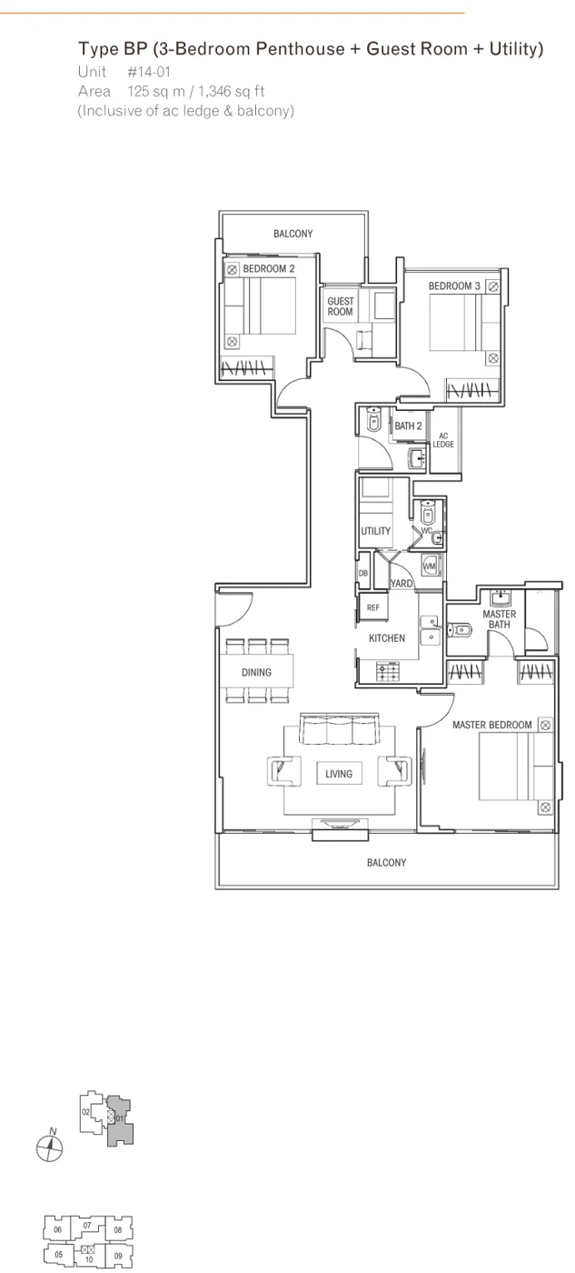 Questa @ Dunman floor plan, type BP: 3-Bedroom Penthouse, 1,346 sq ft