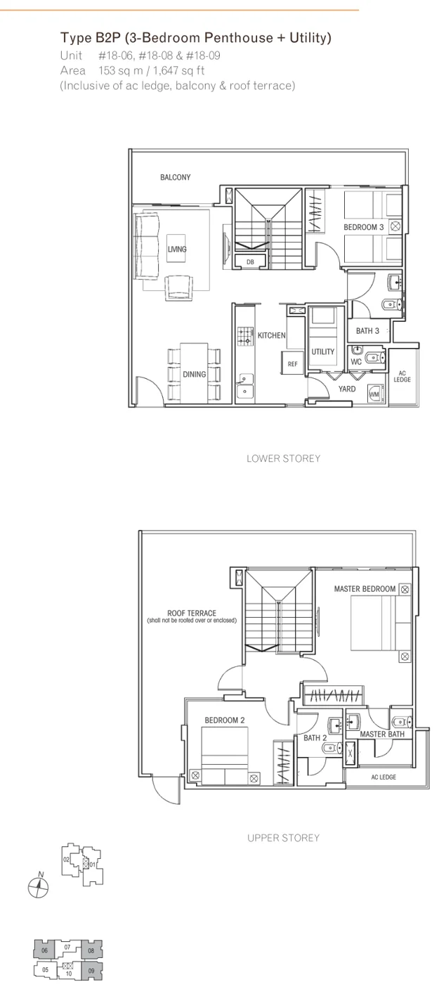 Questa @ Dunman floor plan, type B2P: 3-Bedroom Penthouse, 1,647 sq ft