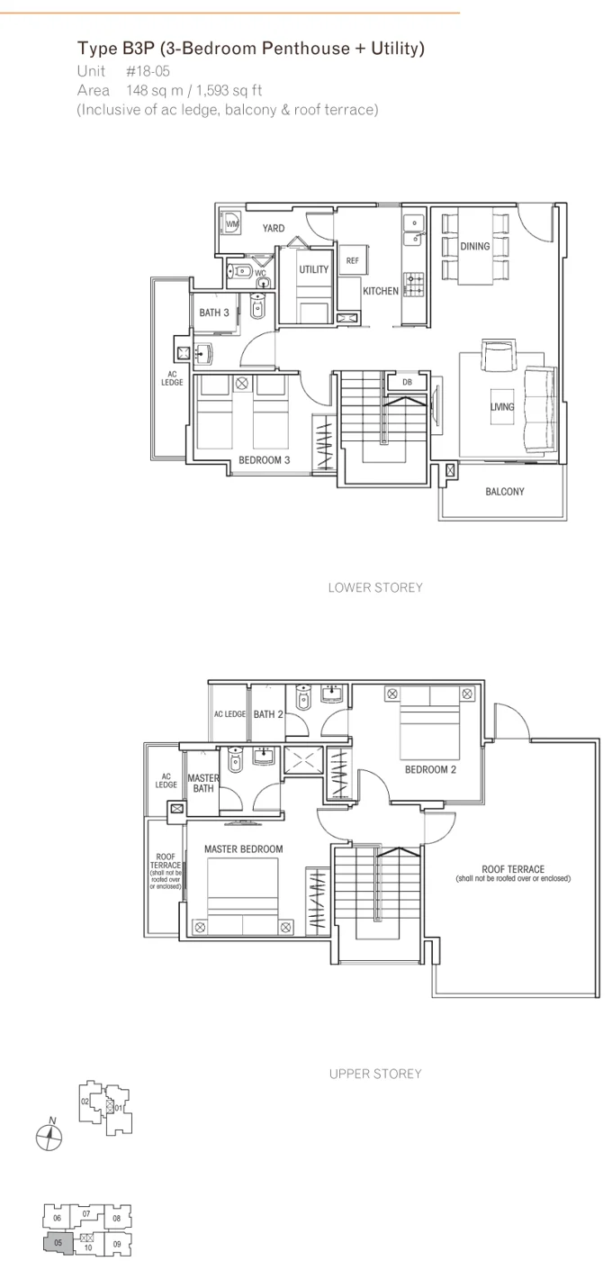 Questa @ Dunman floor plan, type B3P: 3-Bedroom Penthouse, 1,593 sq ft