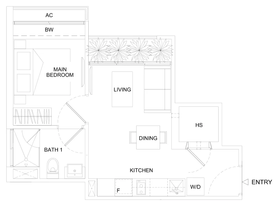 Regent Residences floor plan, type C: 1-Bedroom, 409 sq ft