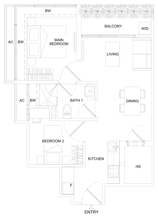 Regent Residences floor plan, type D: 2-Bedroom, 667 sq ft