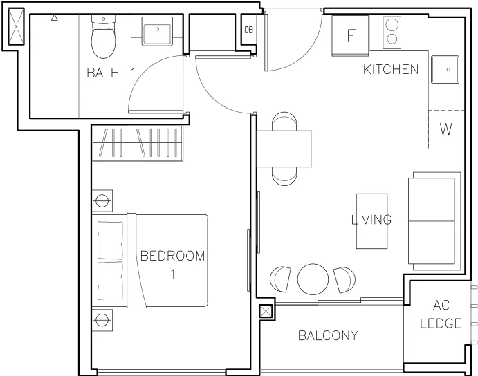 Rezi 24 floor plan, type A2: 1-Bedroom, 431 sq ft
