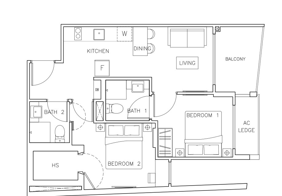 Rezi 35 floor plan, type G: 2-Bedroom, 646 sq ft