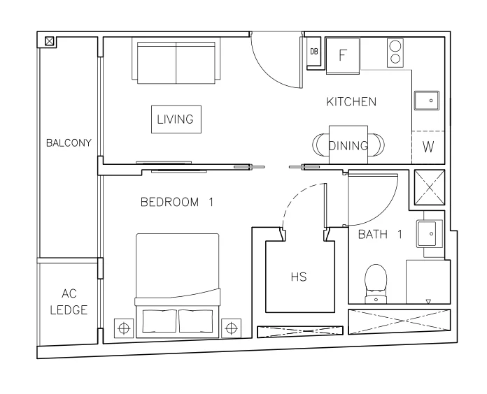 Rezi 35 floor plan, type H: 1-Bedroom, 441 sq ft